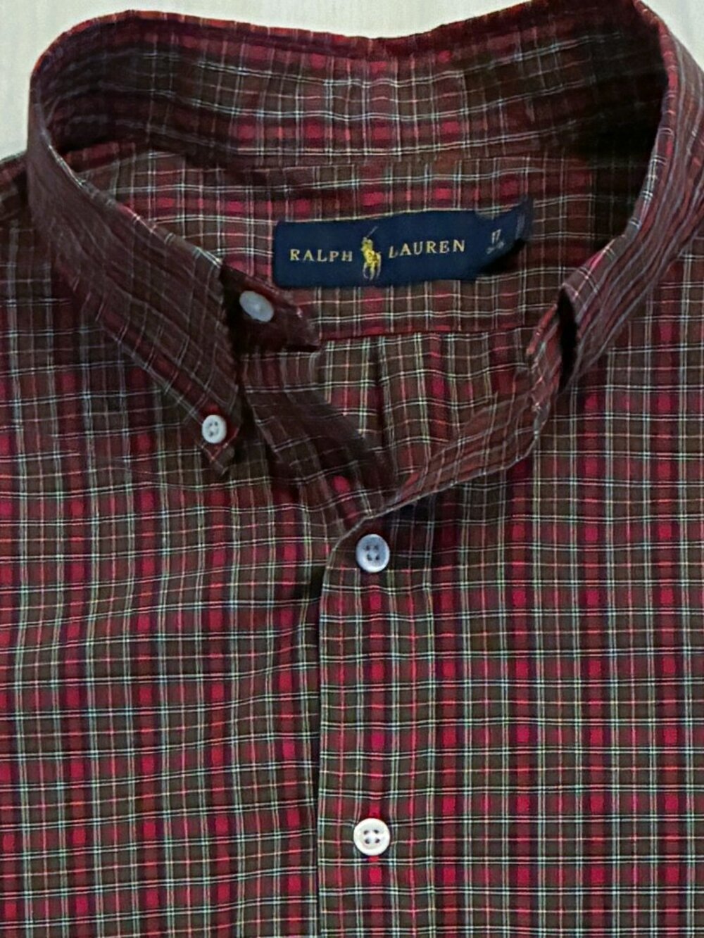 Polo Ralph Lauren Men 17 34-35 XL Dress Shirt Red Plaid Button Down Long Sleeve